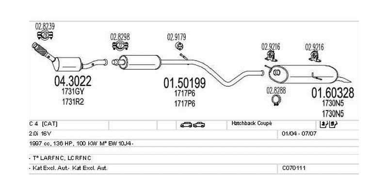 Výfukový systém CITROEN C 4 2.0 1997ccm 100kw Hatchback Coupé