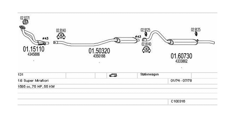 Výfukový systém FIAT 131 1.6 1585ccm 55kw Stationwagon