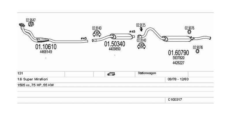 Výfukový systém FIAT 131 1.6 1585ccm 55kw Stationwagon