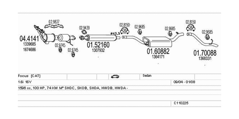 Výfukový systém FORD Focus 1.6 1596ccm 74kw Sedan
