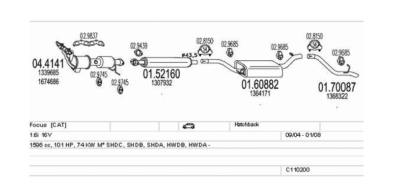 Výfukový systém FORD Focus 1.6 1596ccm 74kw Hatchback