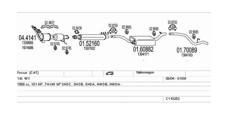Výfukový systém FORD Focus 1.6 1596ccm 74kw Stationwagon