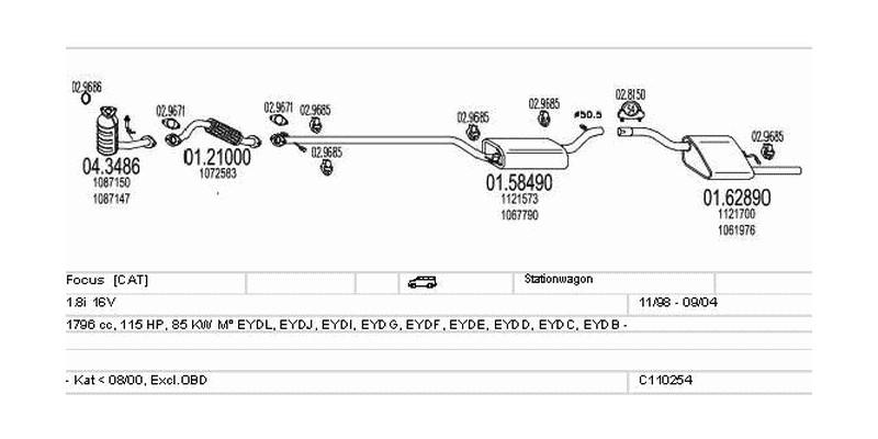 Výfukový systém FORD Focus 1.8 1796ccm 85kw Stationwagon