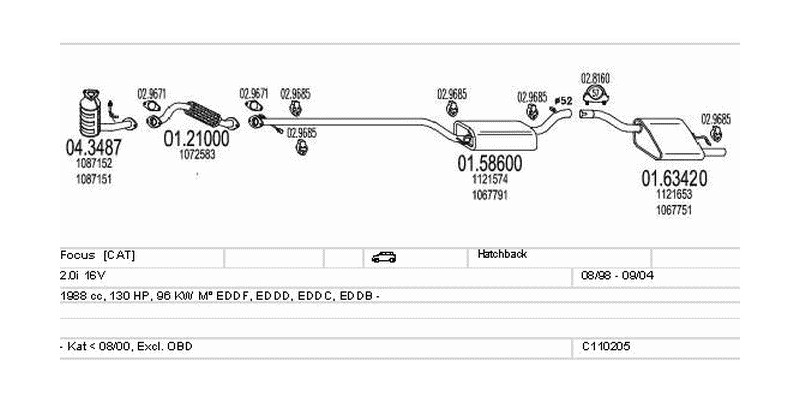 Výfukový systém FORD Focus 2.0 1988ccm 96kw Hatchback