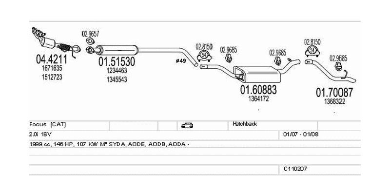 Výfukový systém FORD Focus 2.0 1999ccm 107kw Hatchback