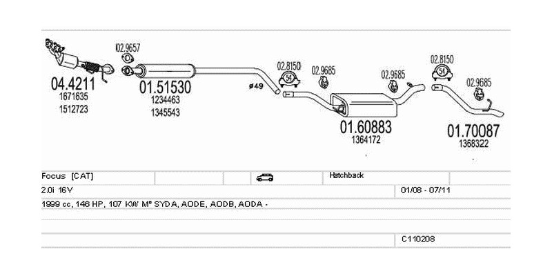 Výfukový systém FORD Focus 2.0 1999ccm 107kw Hatchback