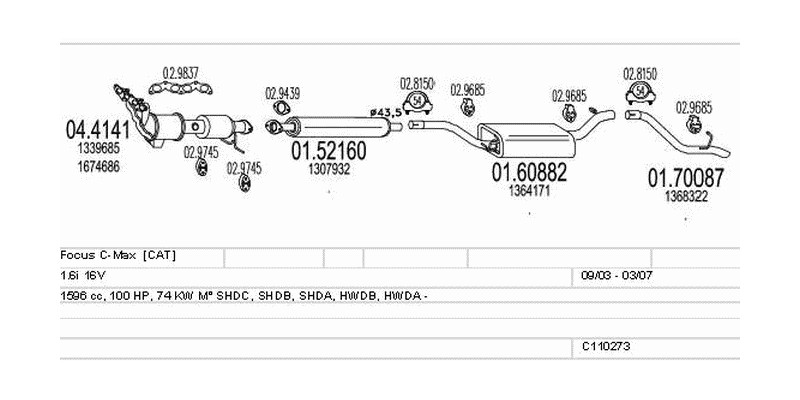Výfukový systém FORD Focus C-Max 1.6 1596ccm 74kw