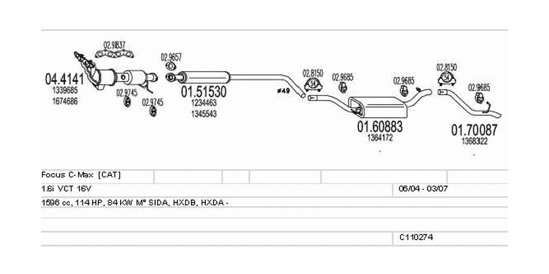 Výfukový systém FORD Focus C-Max 1.6 1596ccm 84kw