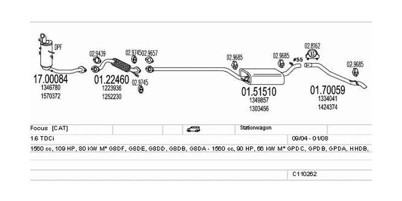 Výfukový systém FORD Focus 1.6 1560ccm 80kw Stationwagon