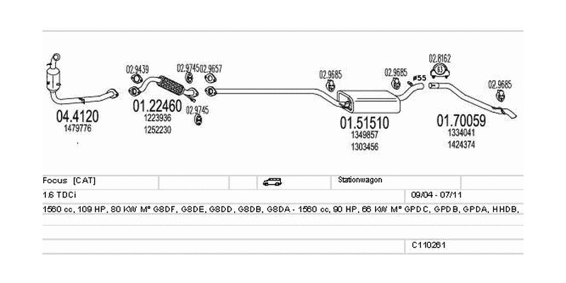 Výfukový systém FORD Focus 1.6 1560ccm 80kw Stationwagon