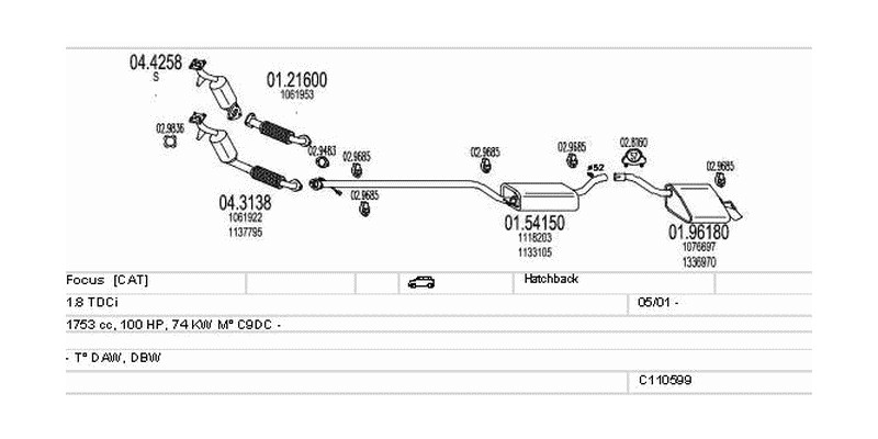 Výfukový systém FORD Focus 1.8 1753ccm 74kw Hatchback