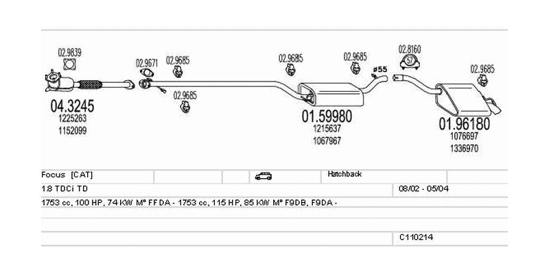 Výfukový systém FORD Focus 1.8 1753ccm 85kw Hatchback
