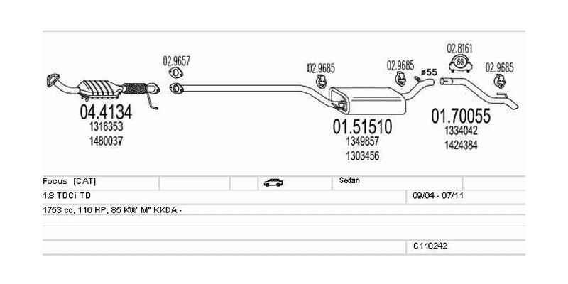 Výfukový systém FORD Focus 1.8 1753ccm 85kw Sedan