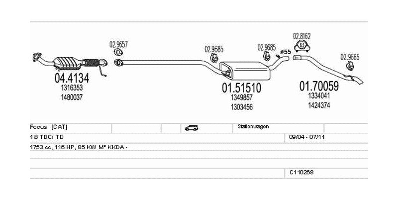 Výfukový systém FORD Focus 1.8 1753ccm 85kw Stationwagon