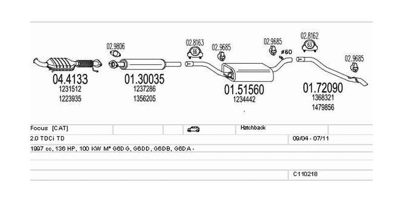 Výfukový systém FORD Focus 2.0 1997ccm 100kw Hatchback