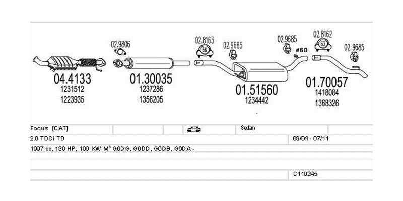 Výfukový systém FORD Focus 2.0 1997ccm 100kw Sedan