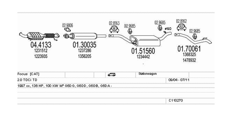 Výfukový systém FORD Focus 2.0 1997ccm 100kw Stationwagon