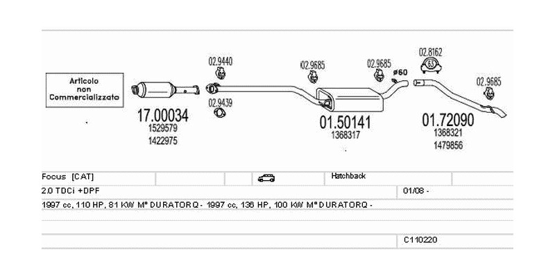 Výfukový systém FORD Focus 2.0 1997ccm 81kw Hatchback