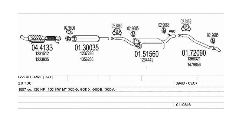Výfukový systém FORD Focus C-Max 2.0 1997ccm 100kw