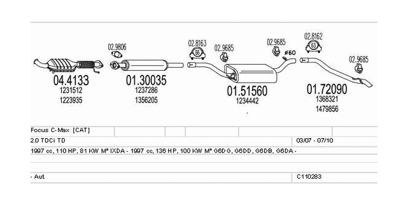 Výfukový systém FORD Focus C-Max 2.0 1997ccm 81kw