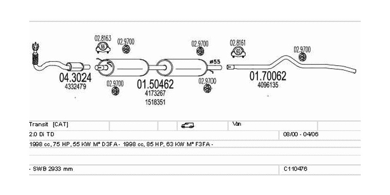 Výfukový systém FORD Transit 2.0 1998ccm 63kw Van