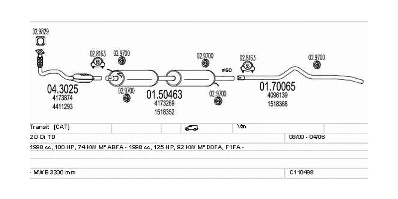 Výfukový systém FORD Transit 2.0 1998ccm 92kw Van