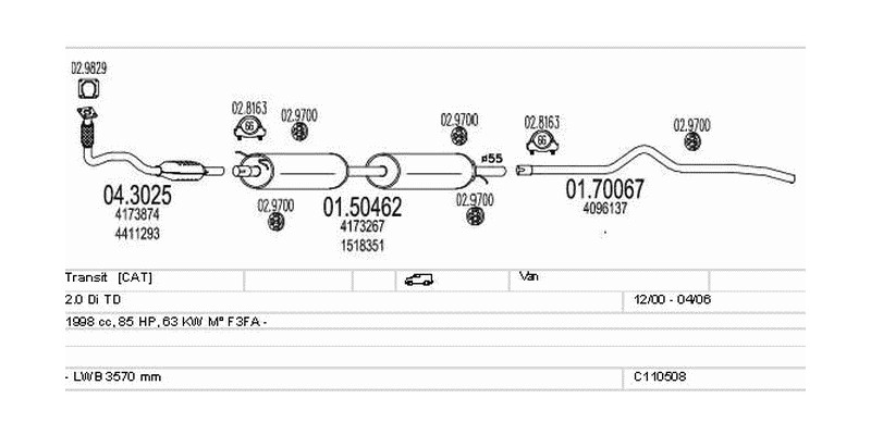 Výfukový systém FORD Transit 2.0 1998ccm 63kw Van
