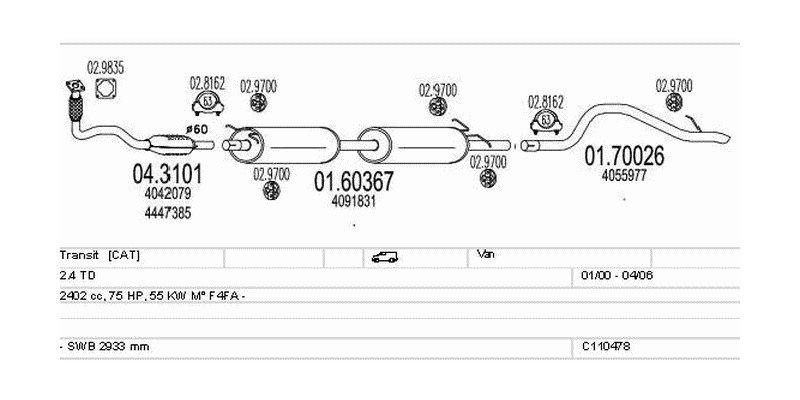 Výfukový systém FORD Transit 2.4 2402ccm 55kw Van