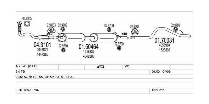 Výfukový systém FORD Transit 2.4 2402ccm 55kw Van