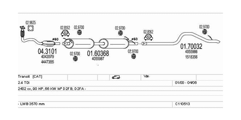 Výfukový systém FORD Transit 2.4 2402ccm 66kw Van