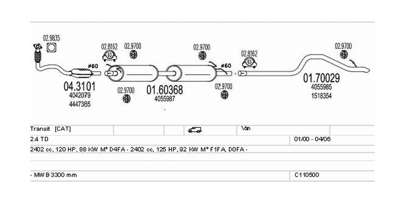 Výfukový systém FORD Transit 2.4 2402ccm 92kw Van