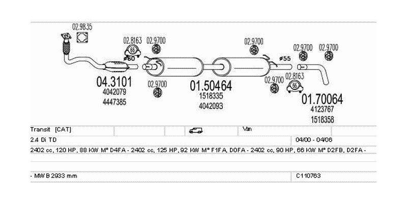 Výfukový systém FORD Transit 2.4 2402ccm 92kw Pick-up