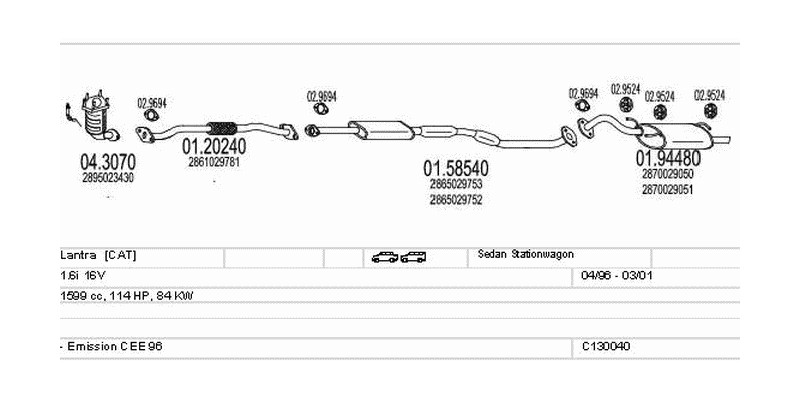 Výfukový systém HYUNDAI Lantra 1.6 1599ccm 84kw Sedan Stationwagon