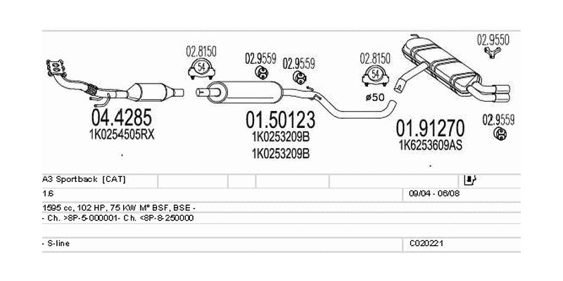 Výfukový systém AUDI A3 Sportback 1.6 1595ccm 75kw