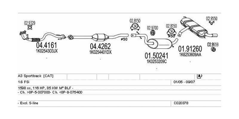 Výfukový systém AUDI A3 Sportback 1.6 1598ccm 85kw
