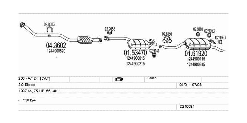 Výfukový systém MERCEDES 200 - W124 2.0 1997ccm 55kw Sedan