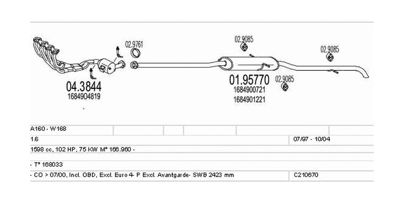 Výfukový systém MERCEDES A160 - W168 1.6 1598ccm 75kw