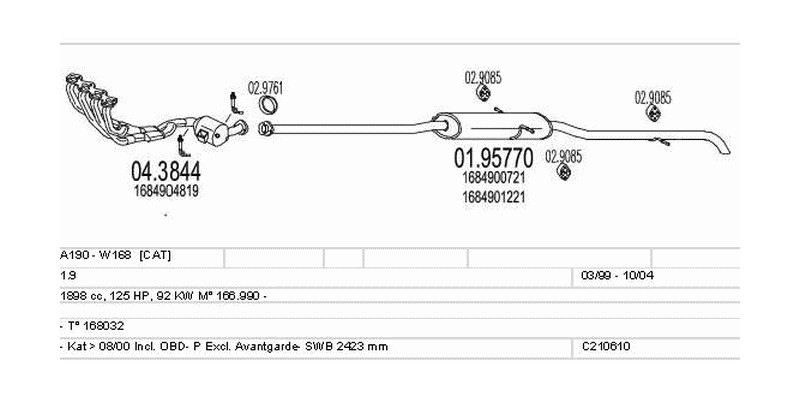 Výfukový systém MERCEDES A190 - W168 1.9 1898ccm 92kw