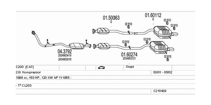 Výfukový systém MERCEDES C200 2.0 1998ccm 120kw Coupé