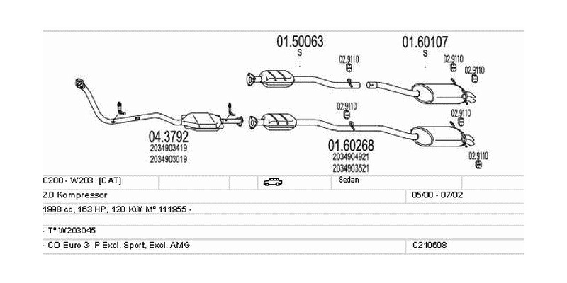 Výfukový systém MERCEDES C200 - W203 2.0 1998ccm 120kw Sedan