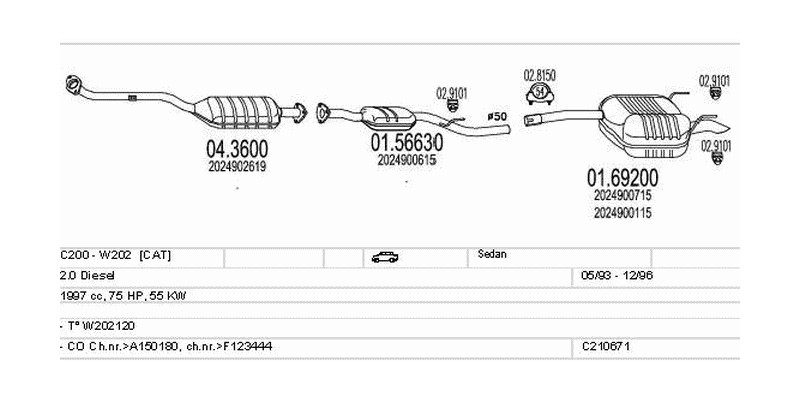 Výfukový systém MERCEDES C200 - W202 2.0 1997ccm 55kw Sedan