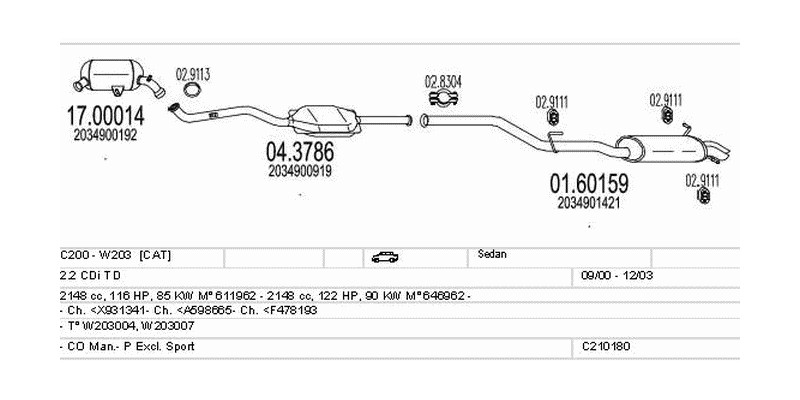 Výfukový systém MERCEDES C200 - W203 2.2 2148ccm 90kw Sedan