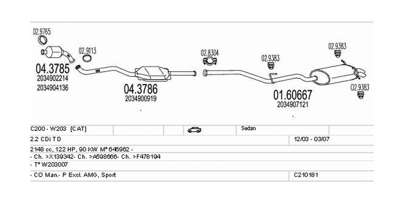Výfukový systém MERCEDES C200 - W203 2.2 2148ccm 90kw Sedan