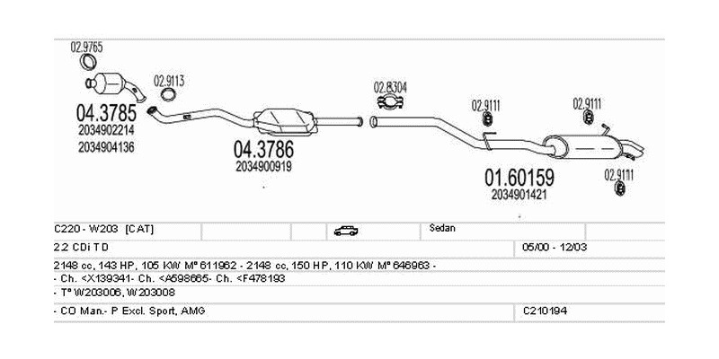 Výfukový systém MERCEDES C220 - W203 2.2 2148ccm 110kw Sedan