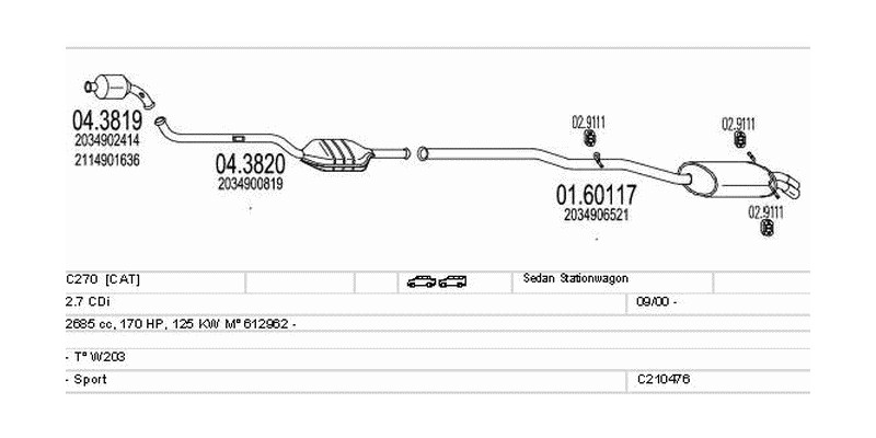 Výfukový systém MERCEDES C270 2.7 2685ccm 125kw Sedan Stationwagon