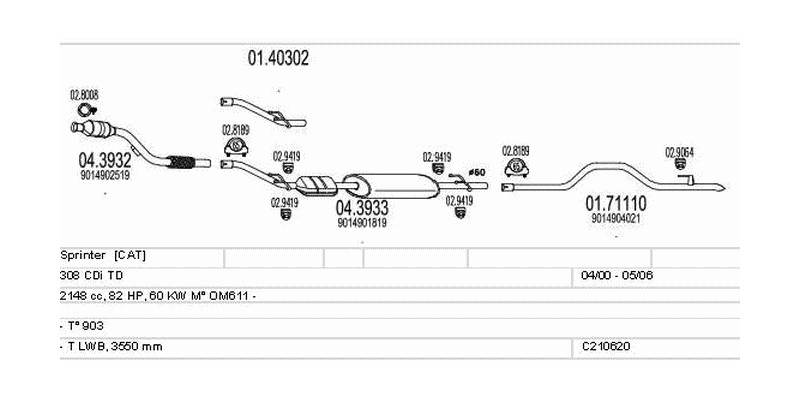 Výfukový systém MERCEDES Sprinter 308 2148ccm 60kw