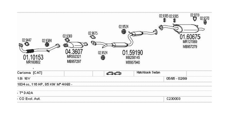 Výfukový systém MITSUBISHI Carisma 1.8 1834ccm 85kw Hatchback Sedan