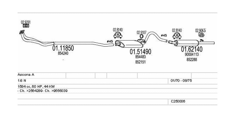 Výfukový systém OPEL Ascona A 1.6 1584ccm 44kw