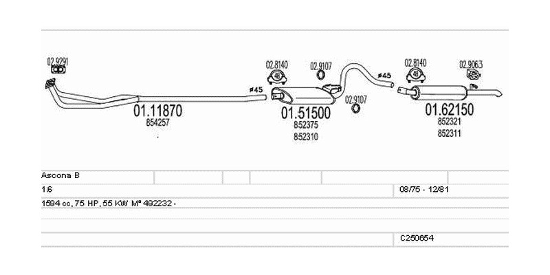 Výfukový systém OPEL Ascona B 1.6 1594ccm 55kw
