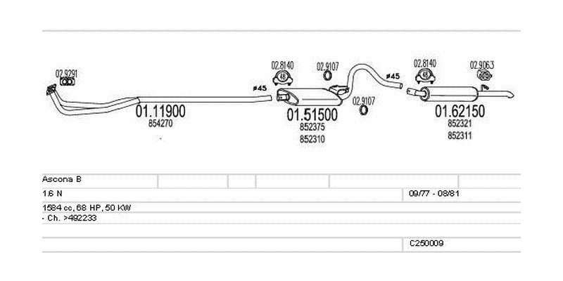 Výfukový systém OPEL Ascona B 1.6 1584ccm 50kw